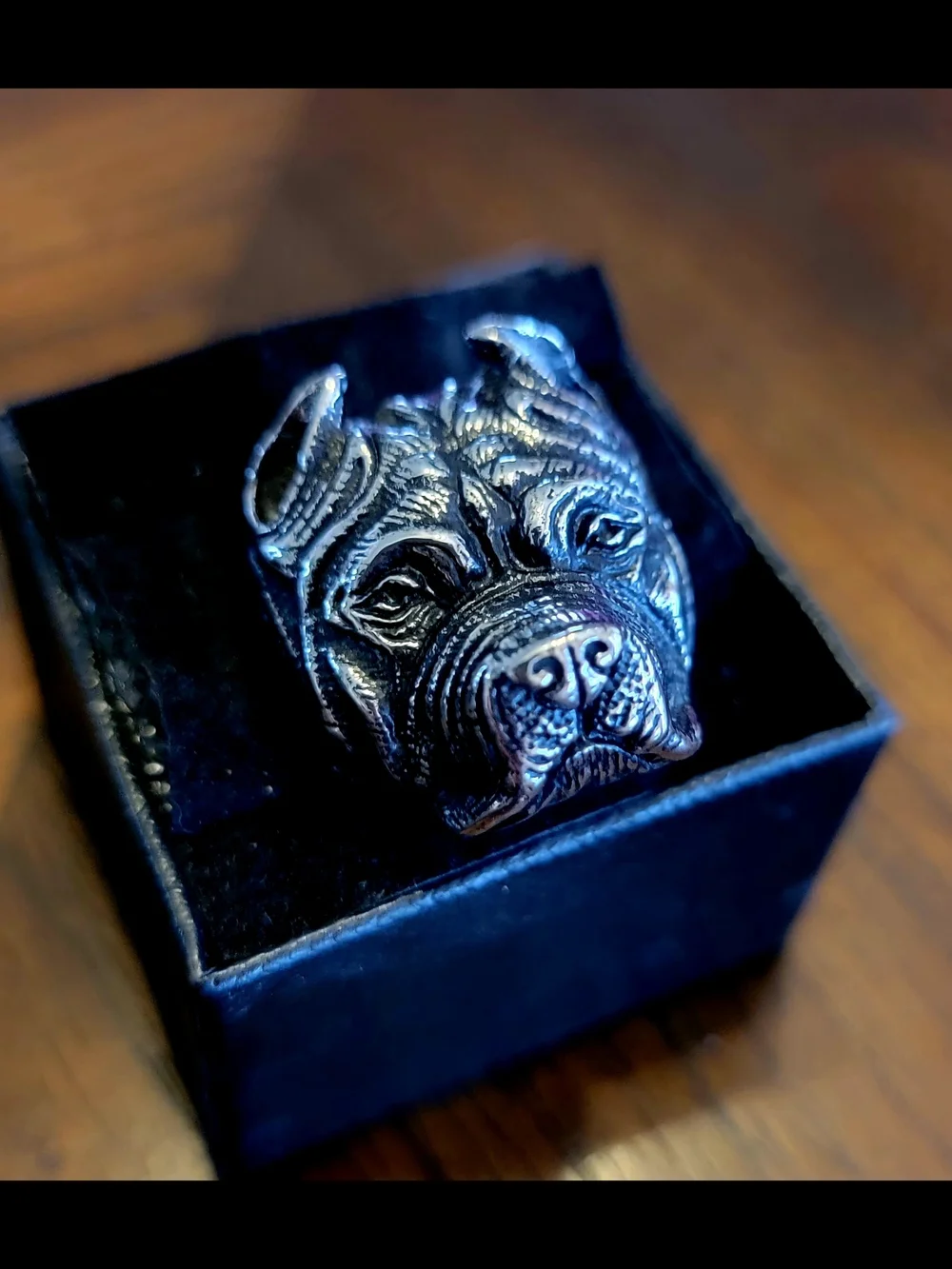 Sterling-Style Black Pit Bull Dog Head Ring - Unbranded